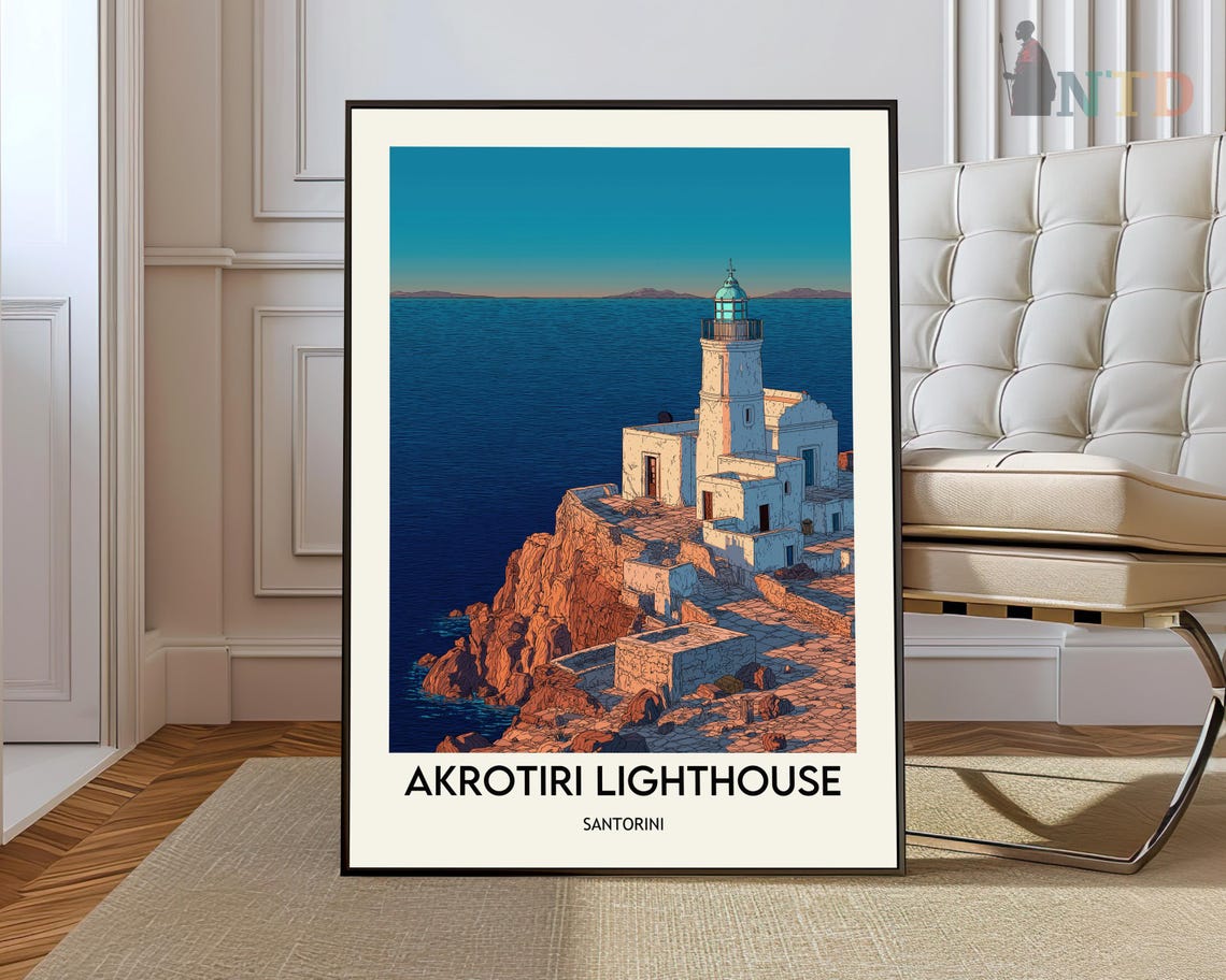 Akrotiri Lighthouse Tower On Rocky Santorini Coast Travel Poster