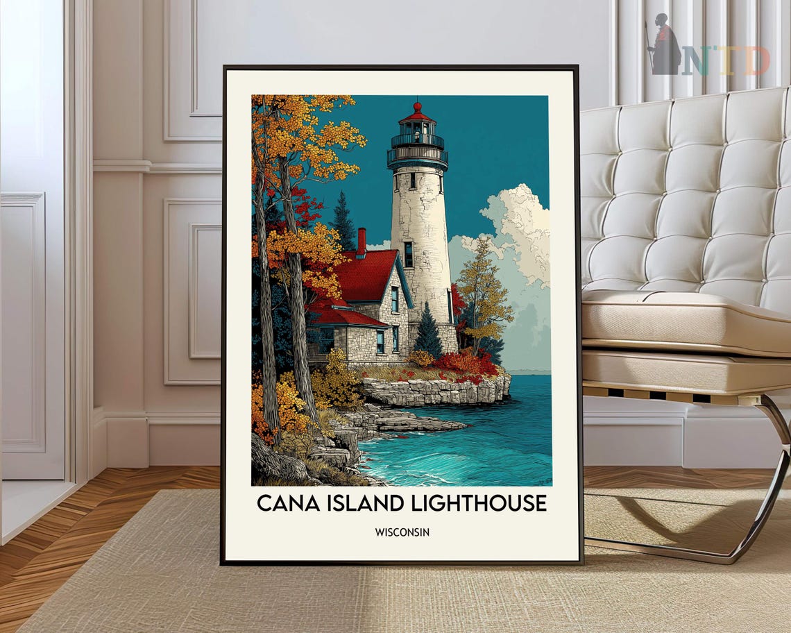 Cana Island Lighthouse Autumn Birch Forest Wisconsin Travel Poster