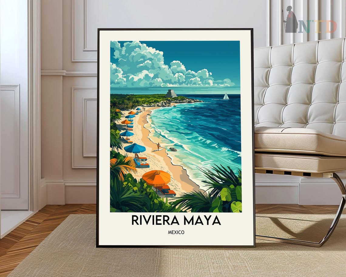 Riviera Maya Mexico Beach Umbrellas Ruins Coast Travel Poster