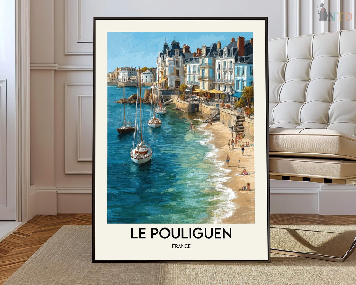Le Pouliguen France Sandy Beach Boats Seaside Vintage Travel Poster