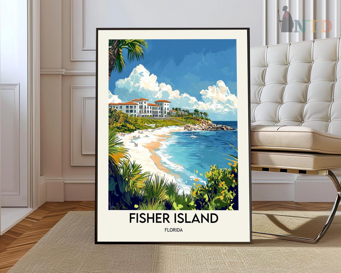 Fisher Island Florida Beachfront Resort Miami Coastline Travel Poster