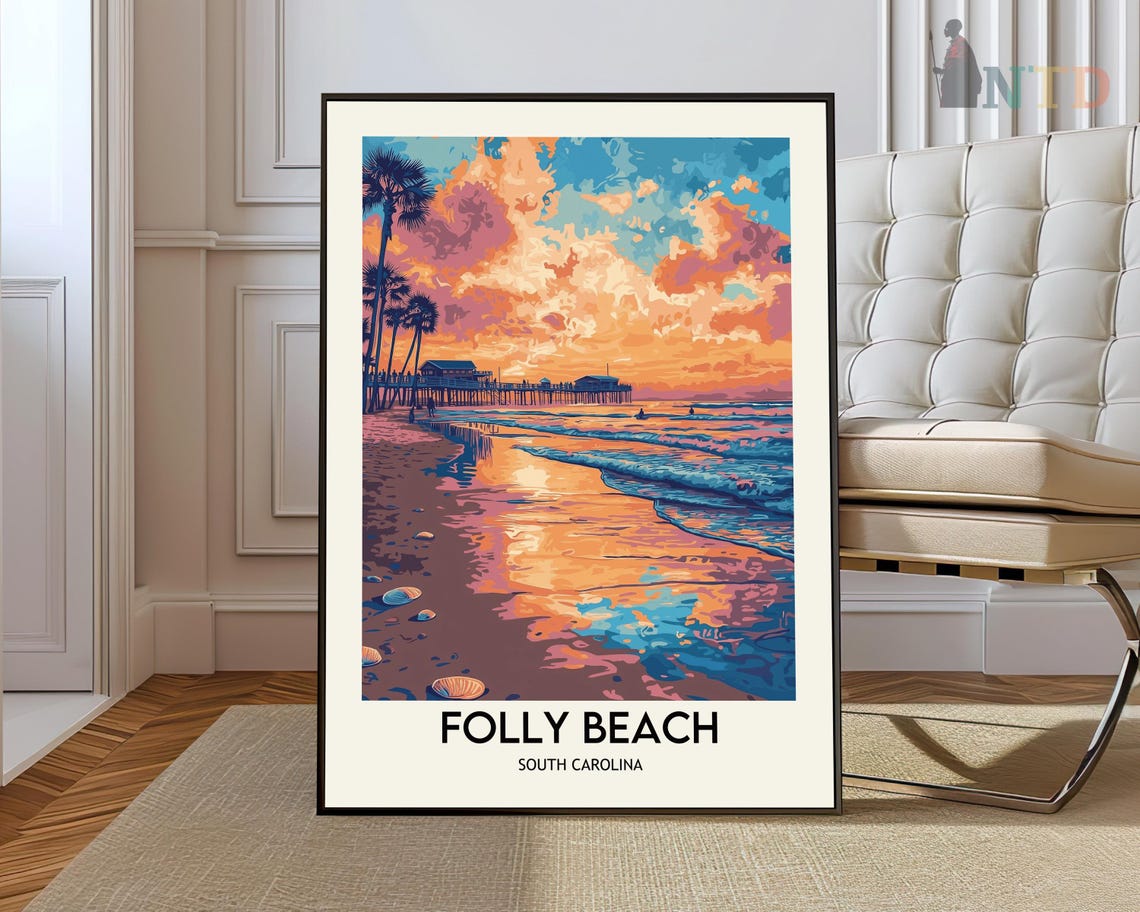 Folly Beach South Carolina Sunset Pier Palm Trees Travel Poster