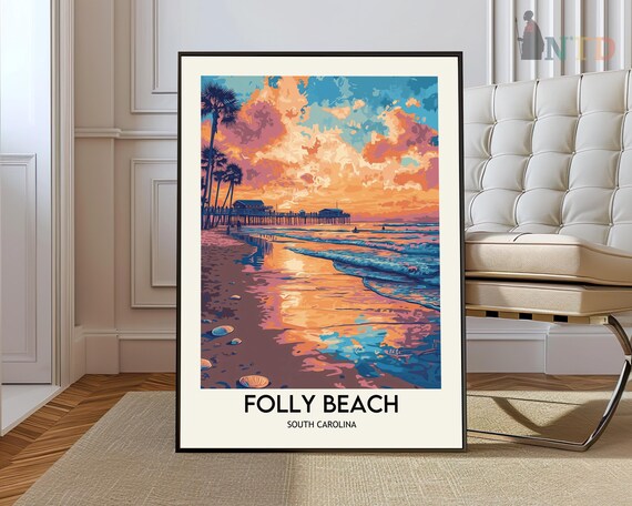 Folly Beach South Carolina Sunset Pier Palm Trees Travel Poster