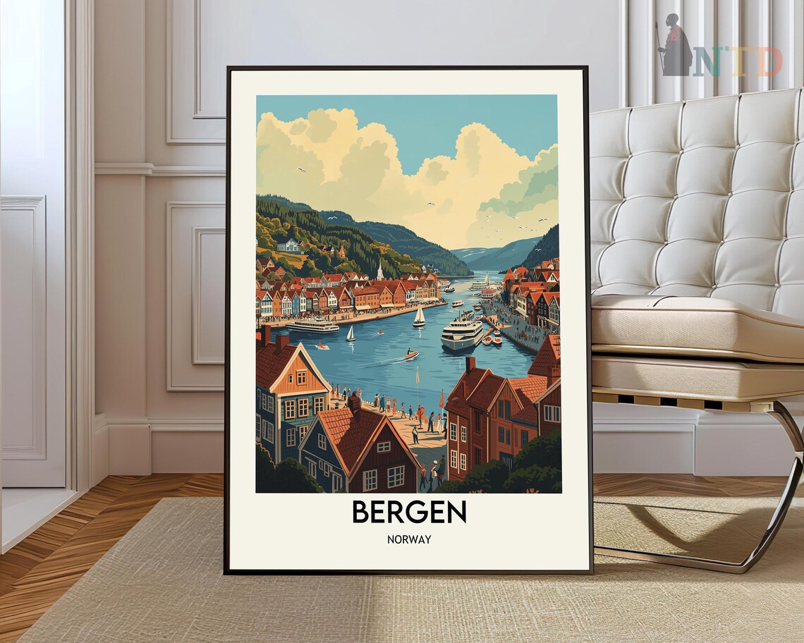 Bergen Norway Harbor Vintage Travel Illustration Fjords City Poster