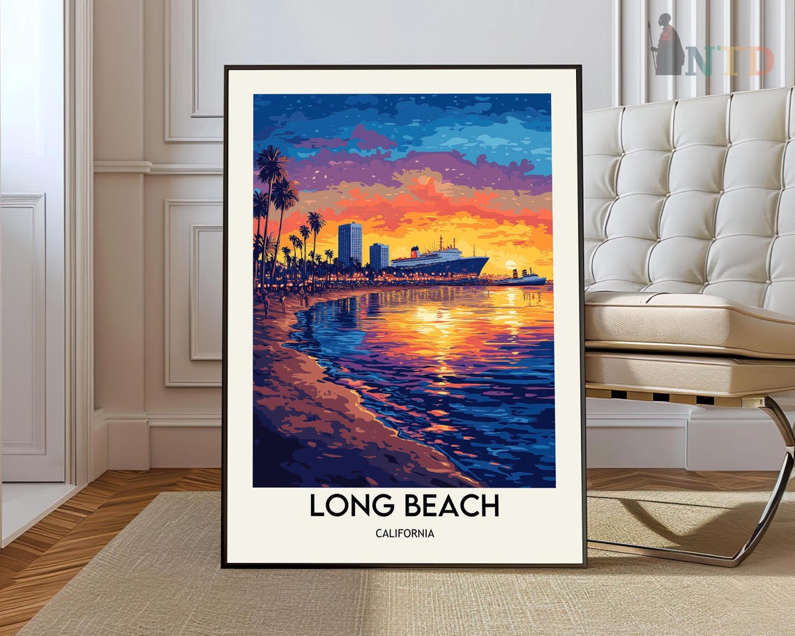 Long Beach California Sunset Ship Palm Trees Vintage Travel Poster
