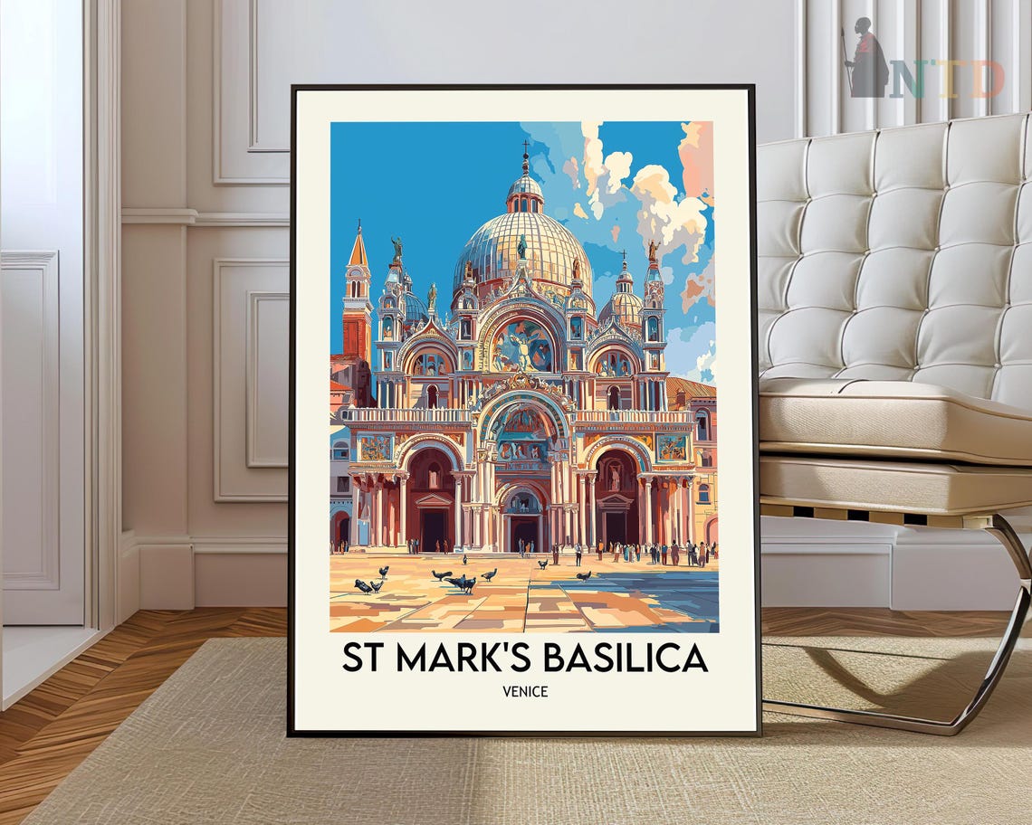 St Mark's Basilica Venice Italy Domes Piazza Pigeons Travel Poster