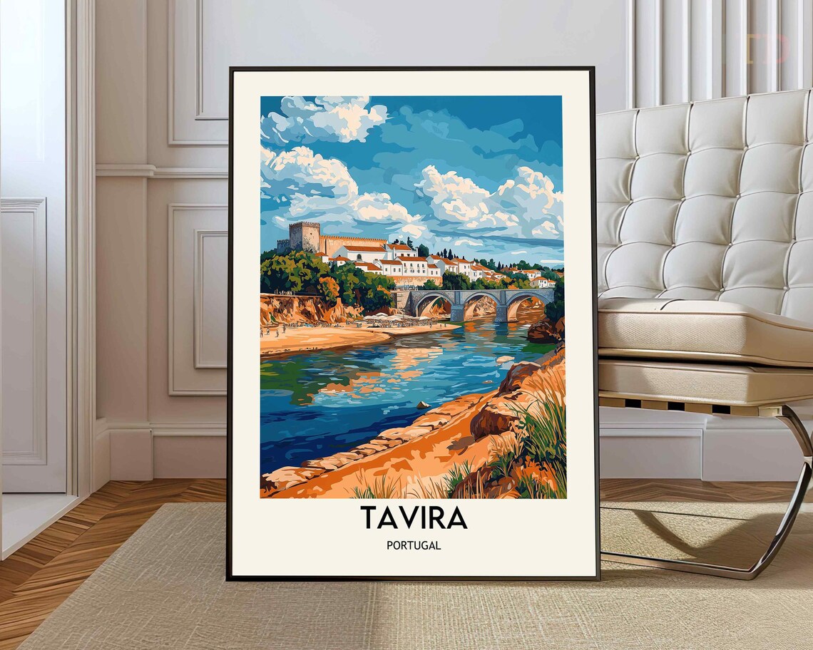 Tavira Portugal Riverside Old Town Bridge Castle Travel Poster