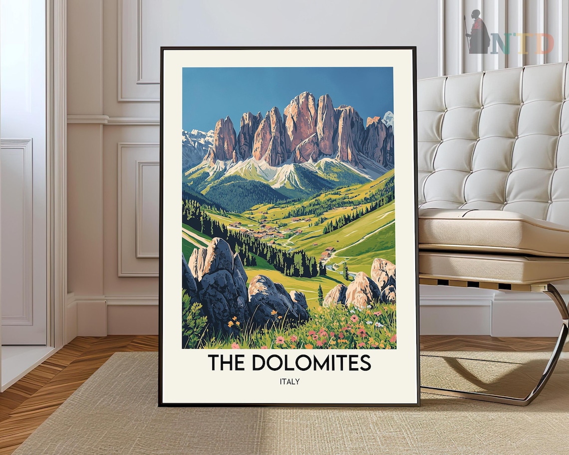 The Dolomites Italy Vintage Mountain Peaks Retro Travel Poster