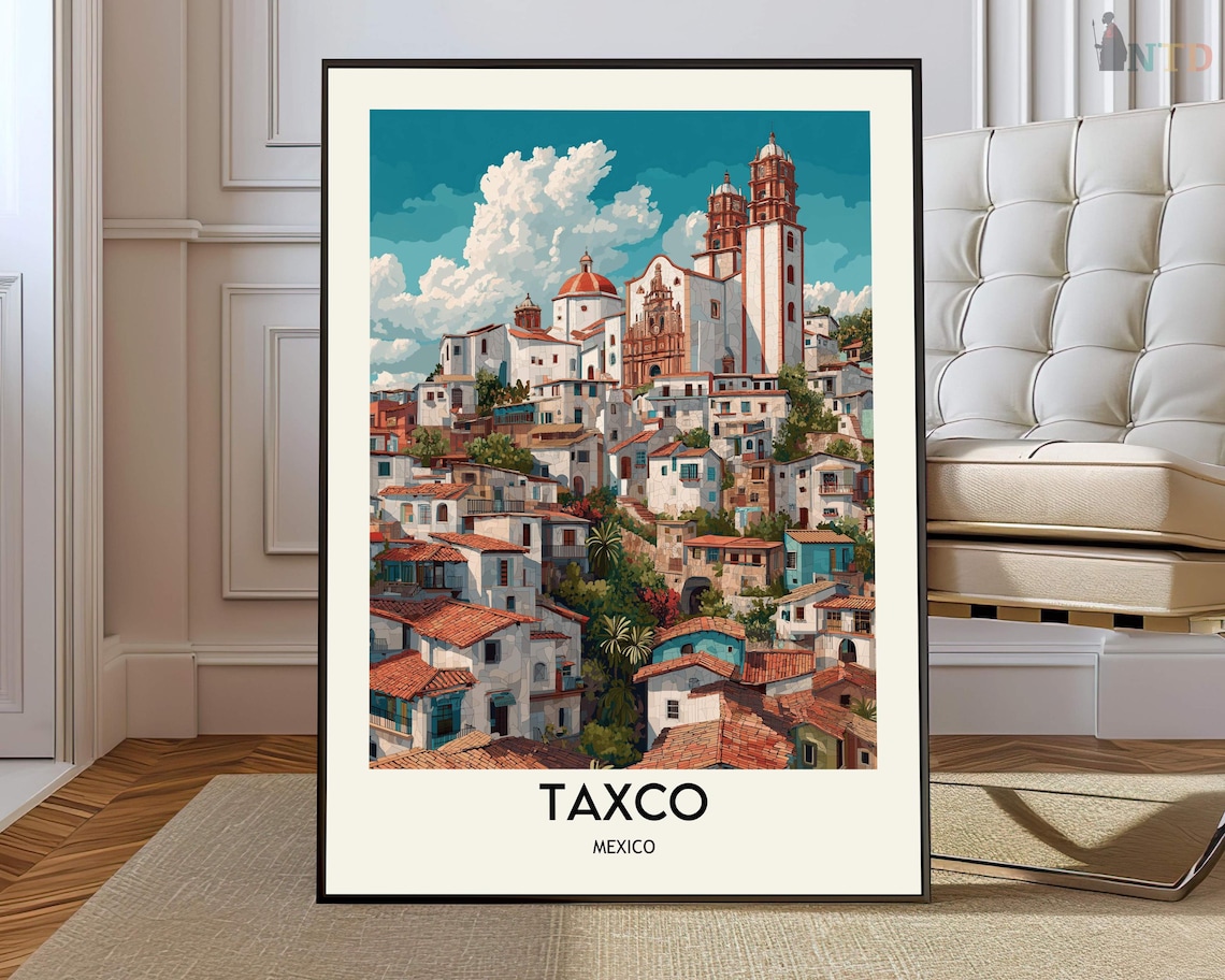Taxco Mexico White Town Terracotta Rooftops Church Travel Poster