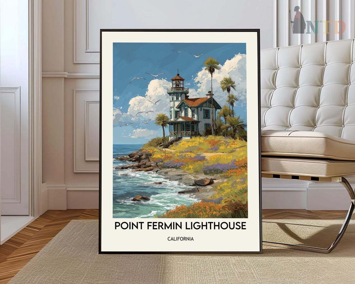 Point Fermin Lighthouse Palm Trees Blooming Cliffs California Poster