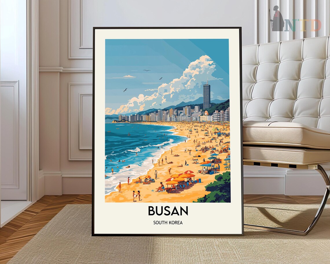 Busan South Korea Beach Cityscape Illustrated Travel Art Poster