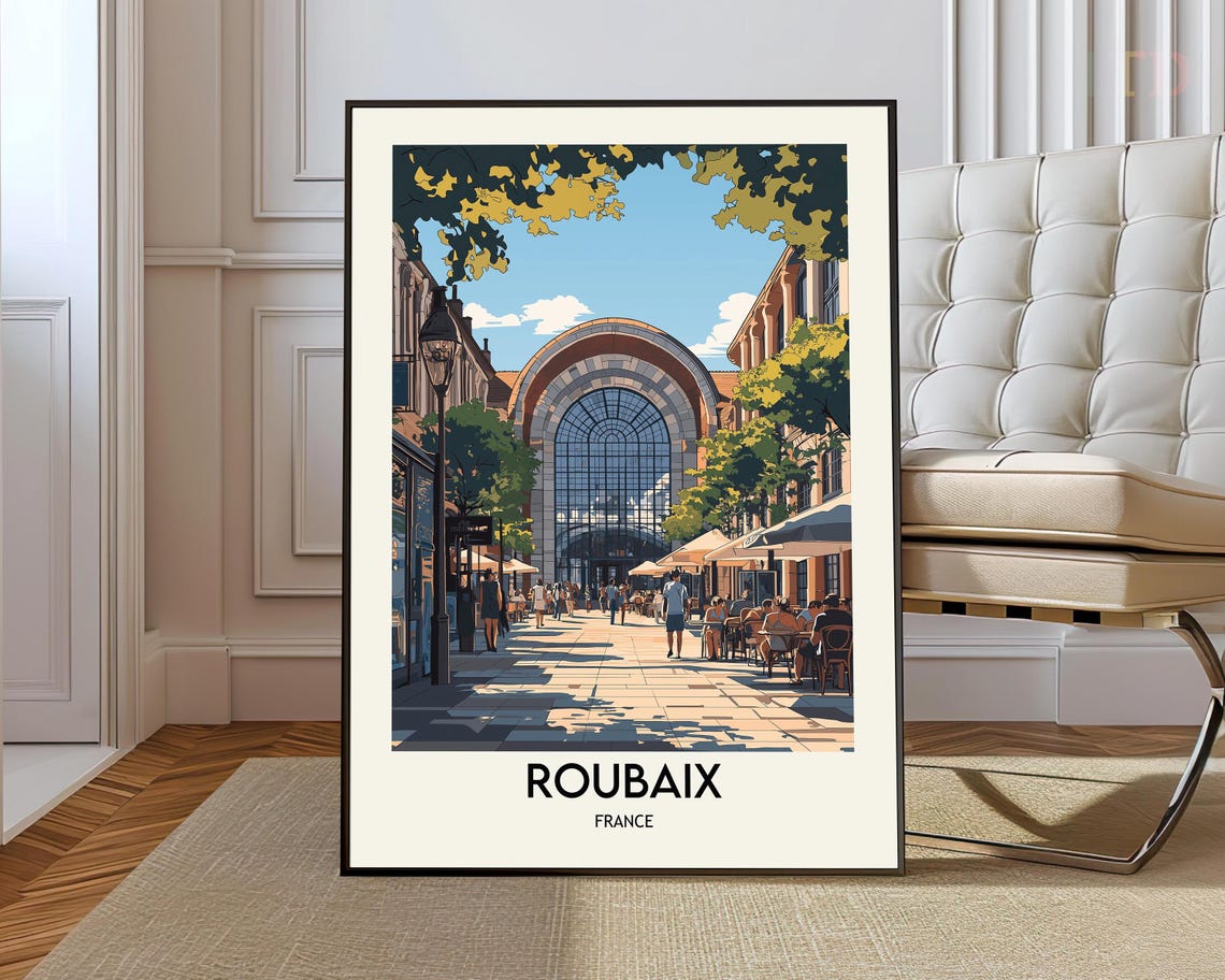 Roubaix France Travel Poster Sunny Plaza Arched Hall Cafes Scene
