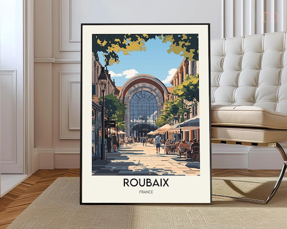 Roubaix France Travel Poster Sunny Plaza Arched Hall Cafes Scene