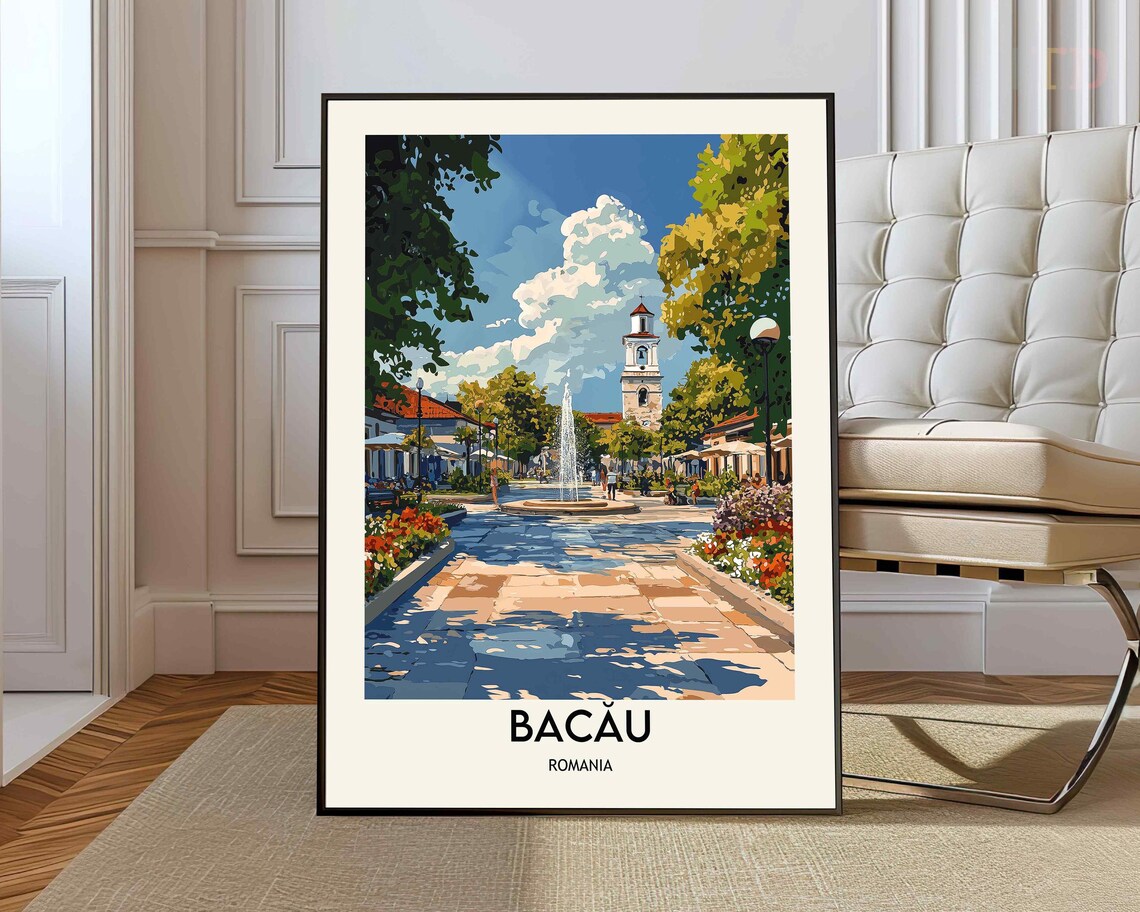 Bacau Romania Vintage Style Town Square Fountain Travel Art Poster