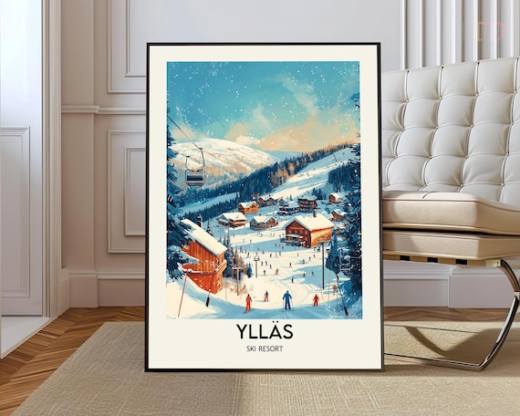 Ylläs Ski Resort Snowy Lapland Village Vintage Travel Poster