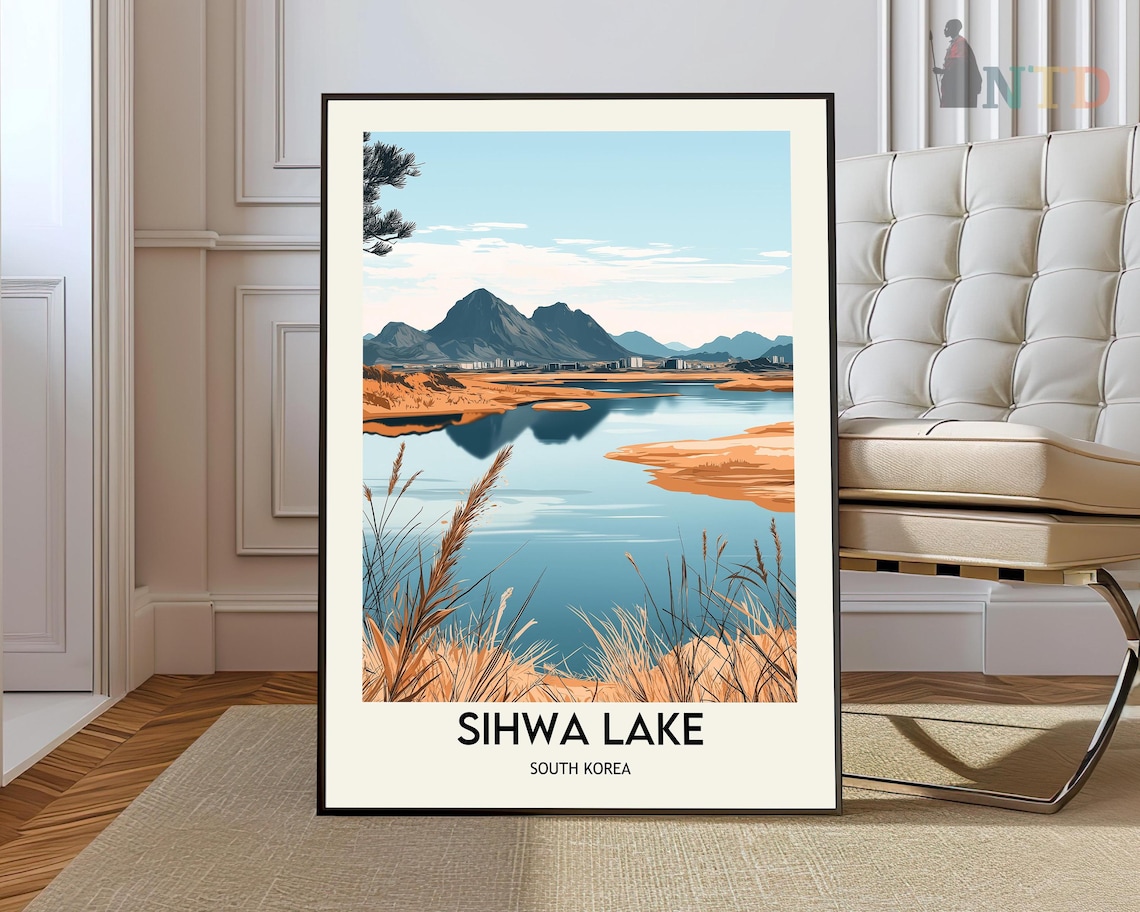 Sihwa Lake Golden Reeds and Mountains South Korea Travel Poster