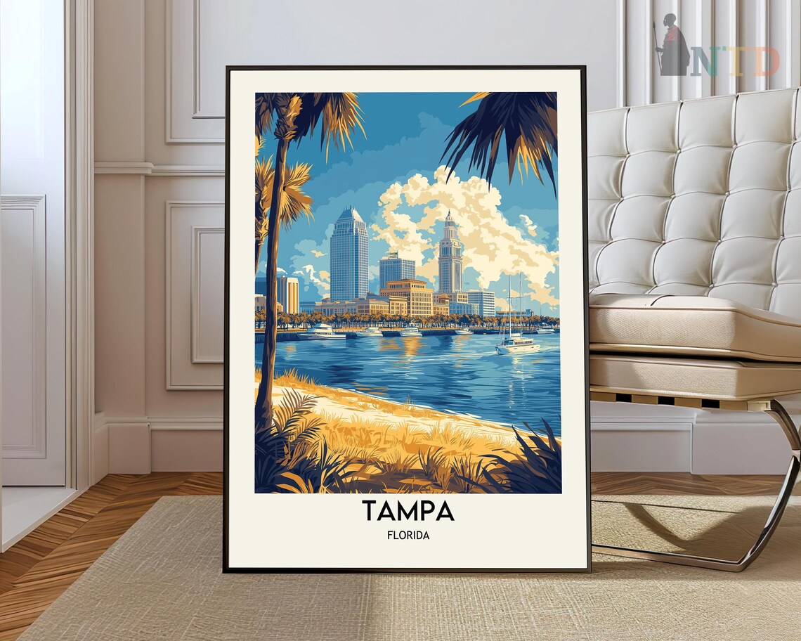 Tampa Florida Downtown Skyline Bay Palms Sunset Travel Poster