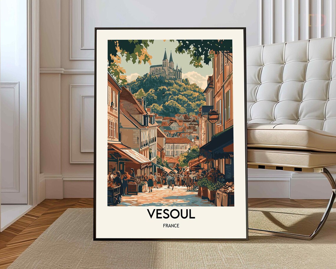 Vesoul France Old Town Street With Hilltop Cathedral Travel Poster
