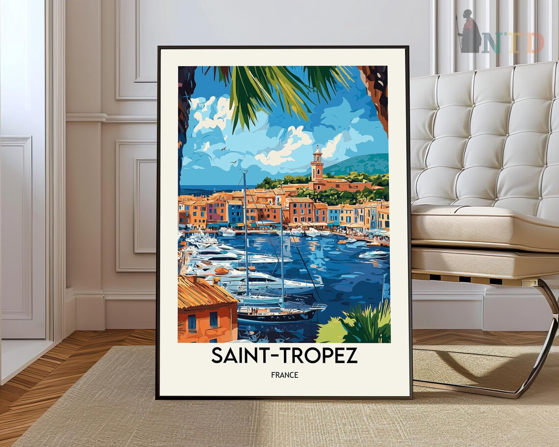 Saint Tropez France Harbor Yachts Palm Fronds Travel Poster Art