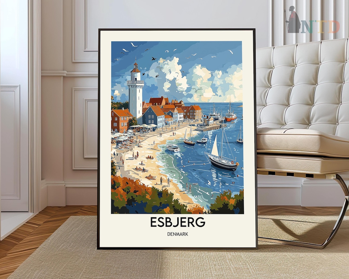 Esbjerg Denmark Lighthouse Sandy Beach Sailboat Harbor Travel Poster