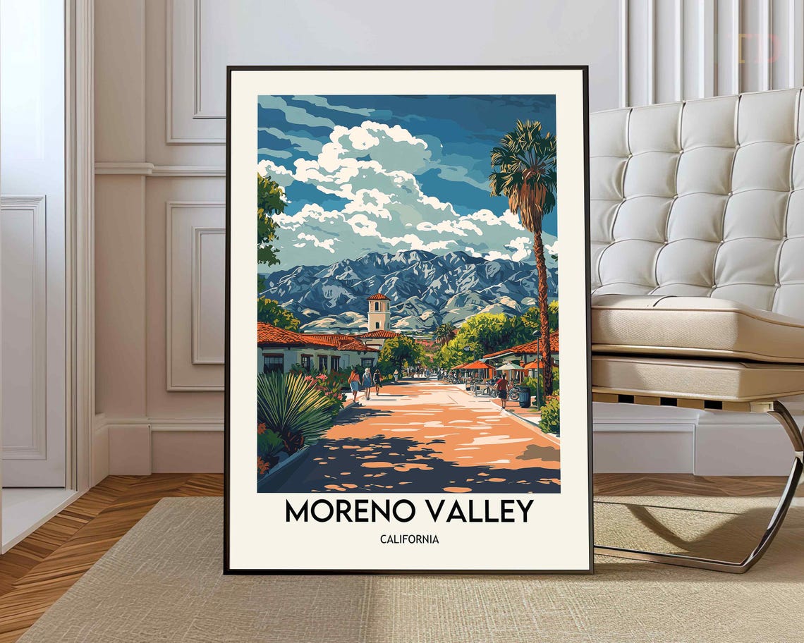 Moreno Valley California Street Mountains Retro Travel Poster