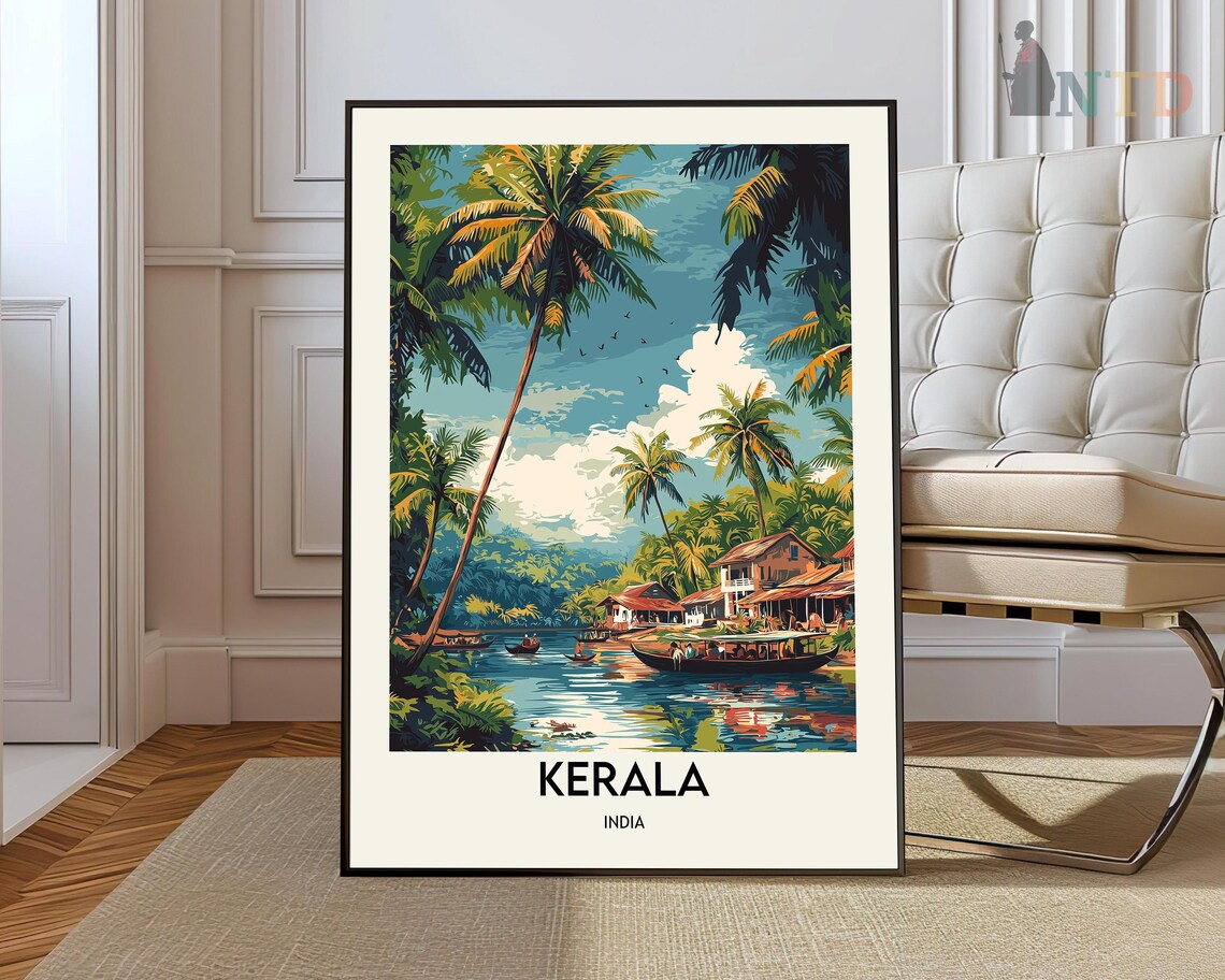 Kerala India Backwaters Houseboats Tropical Vintage Travel Poster