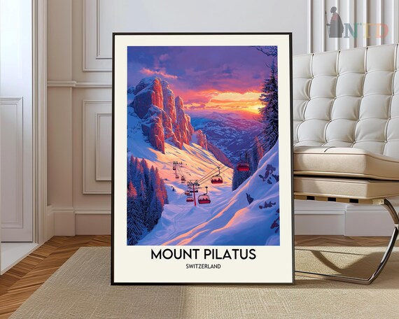 Mount Pilatus Switzerland Sunset Gondolas Snowy Valley Ski Poster