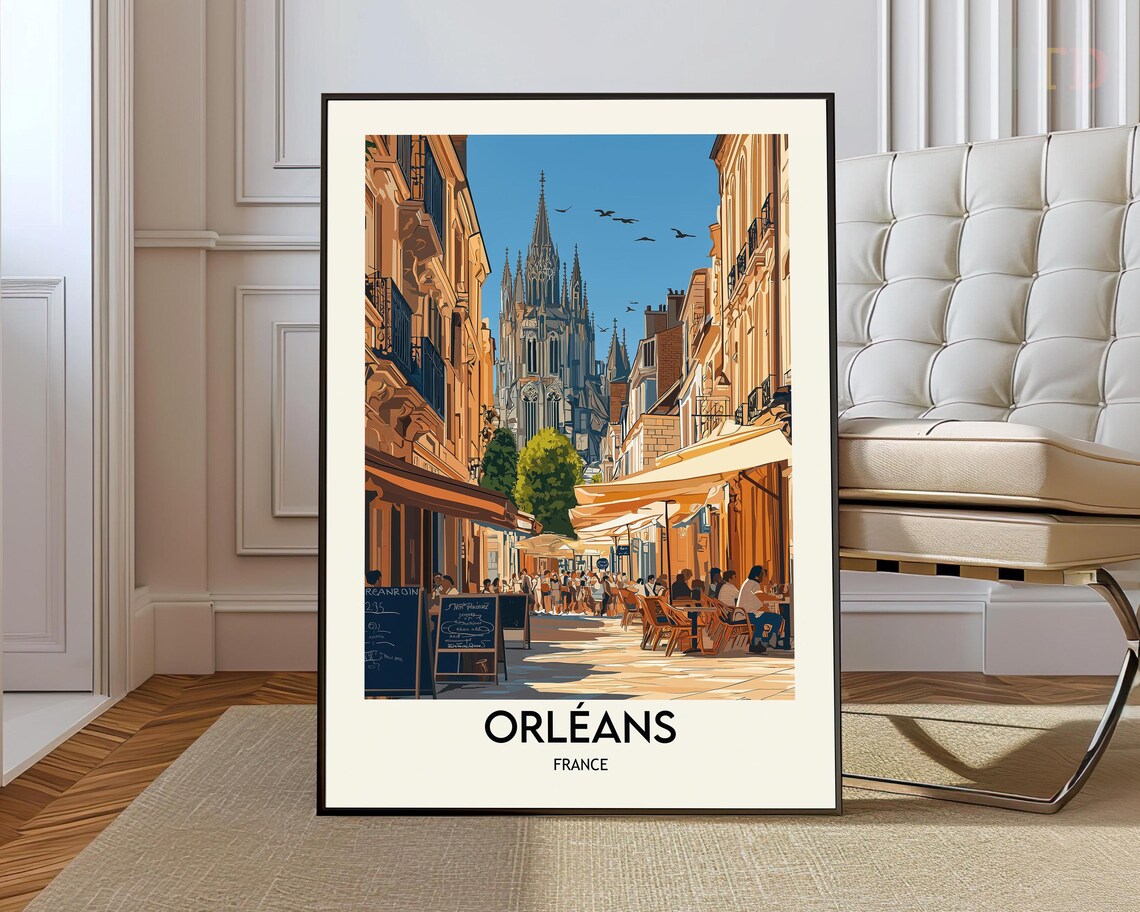 Orleans France Cathedral Street Cafe Scene Travel Art Poster