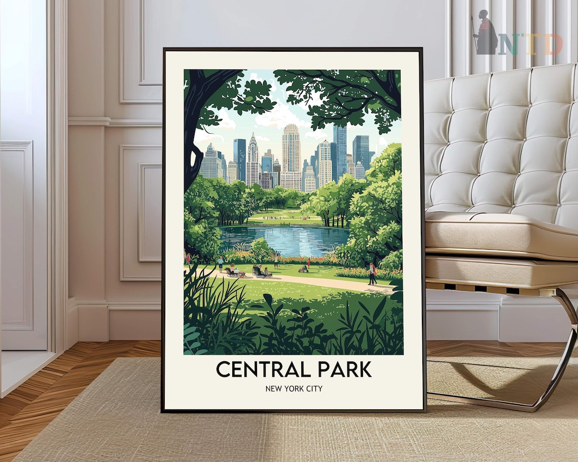 Central Park New York City Summer Lake Afternoon Travel Poster