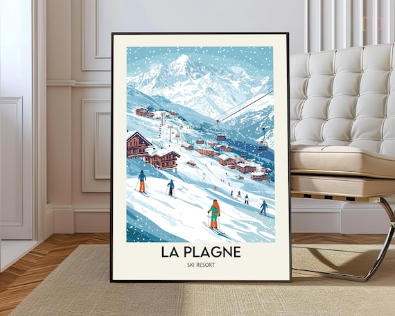 La Plagne France Ski Resort Snow Chalets Falling Snow Retro Art Poster