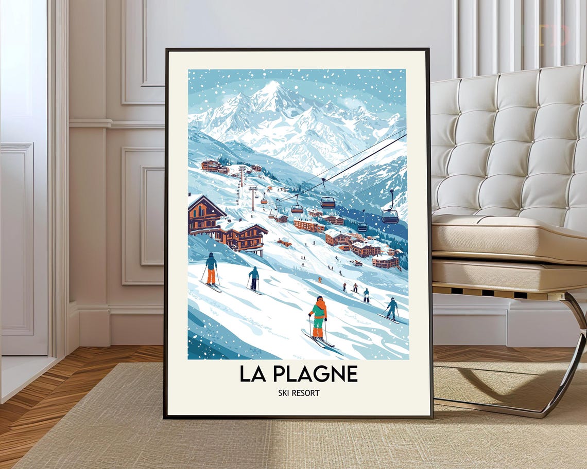La Plagne France Ski Resort Snow Chalets Falling Snow Retro Art Poster