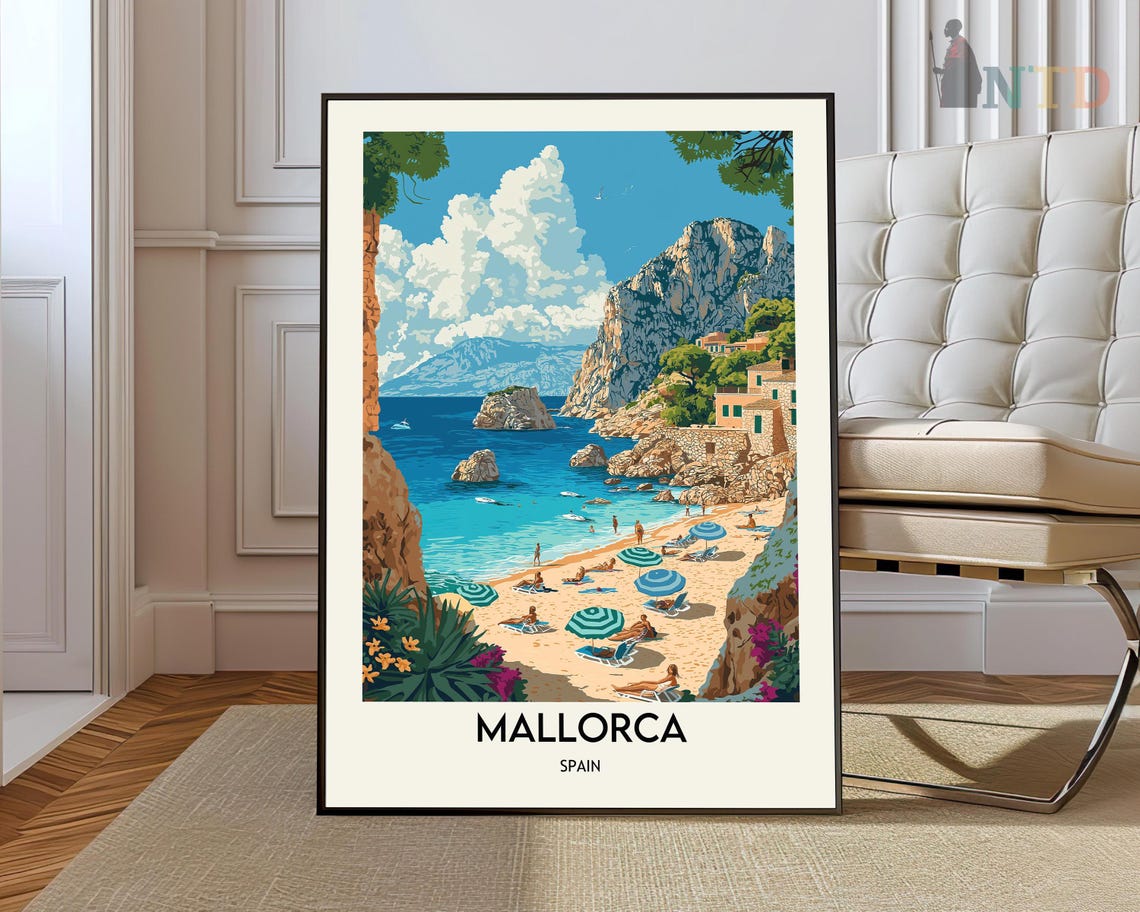Mallorca Spain Rocky Cove Beach Sunbathers Umbrellas Island Poster