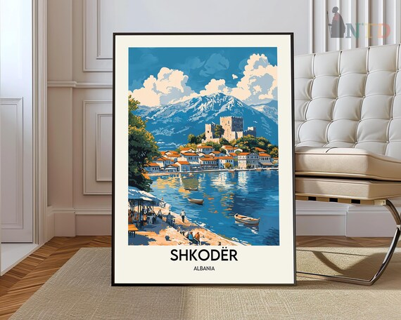 Shkoder Albania Lakeside Old Town Rozafa Castle Scenic Travel Poster