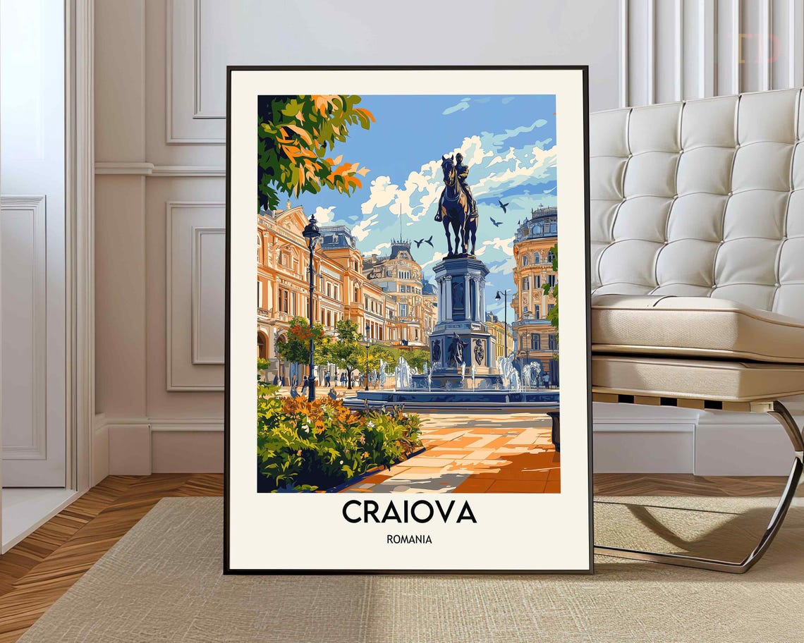 Craiova Romania Retro Equestrian Statue Square Travel Poster