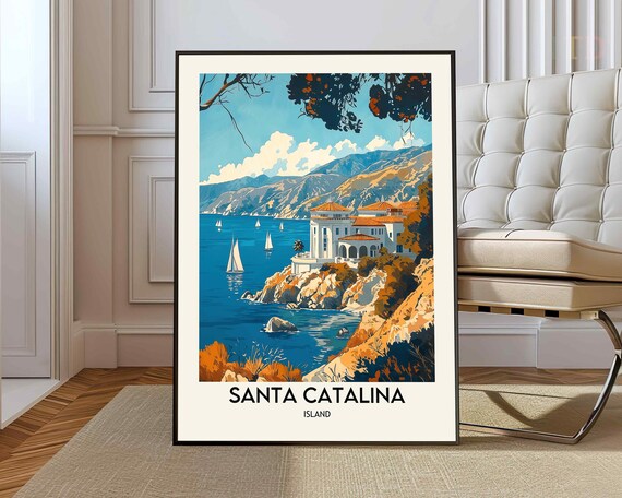 Santa Catalina Island California Coastal Villa Sailboat Travel Poster