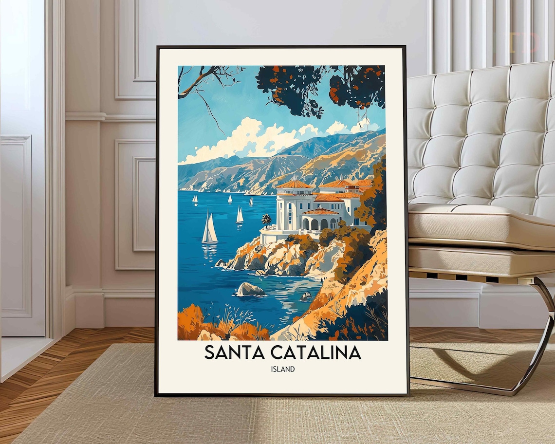 Santa Catalina Island California Coastal Villa Sailboat Travel Poster