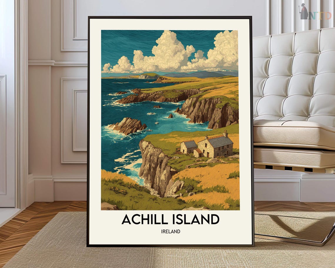 Achill Island Ireland Rugged Cliffs Dramatic Coastline Travel Poster