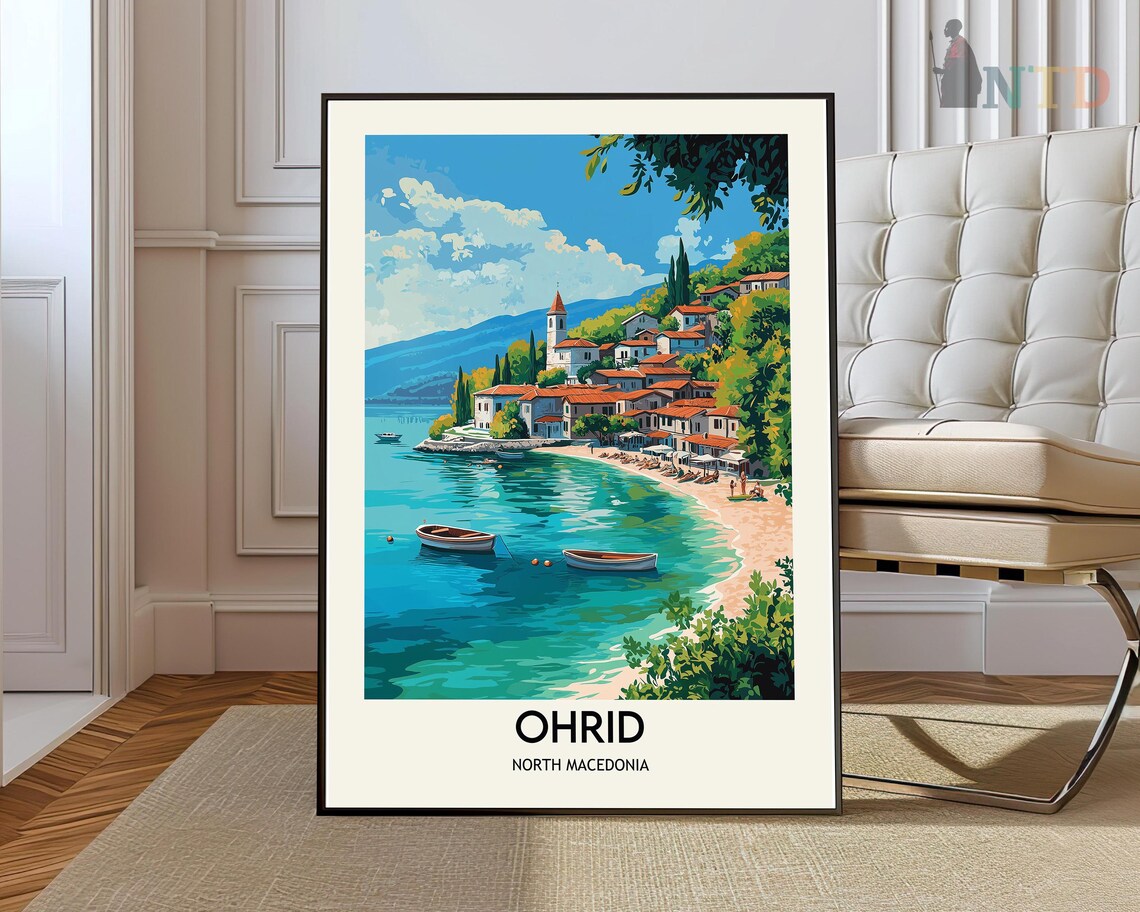 Ohrid North Macedonia Lakeside Old Town Boats Harbor Travel Poster