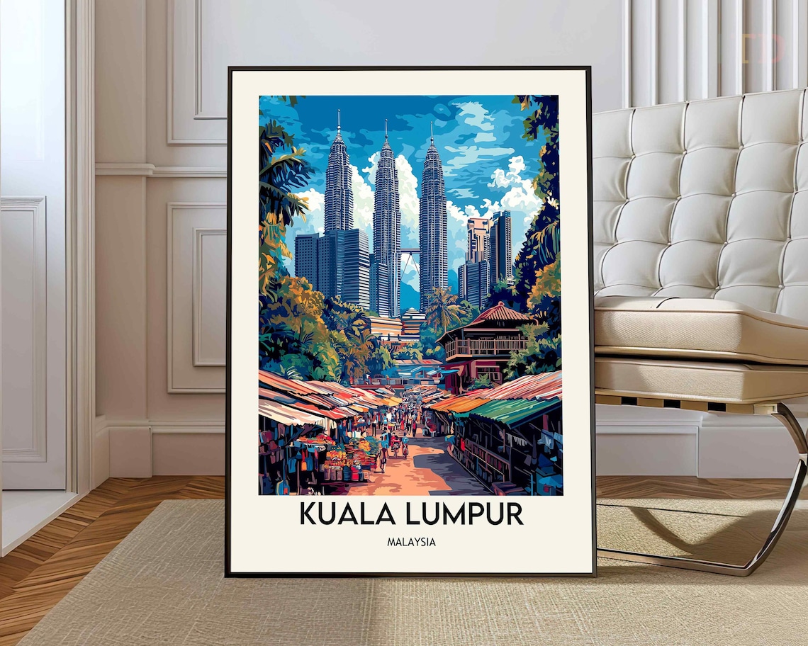 Kuala Lumpur Malaysia Retro Travel Poster Petronas Towers Market