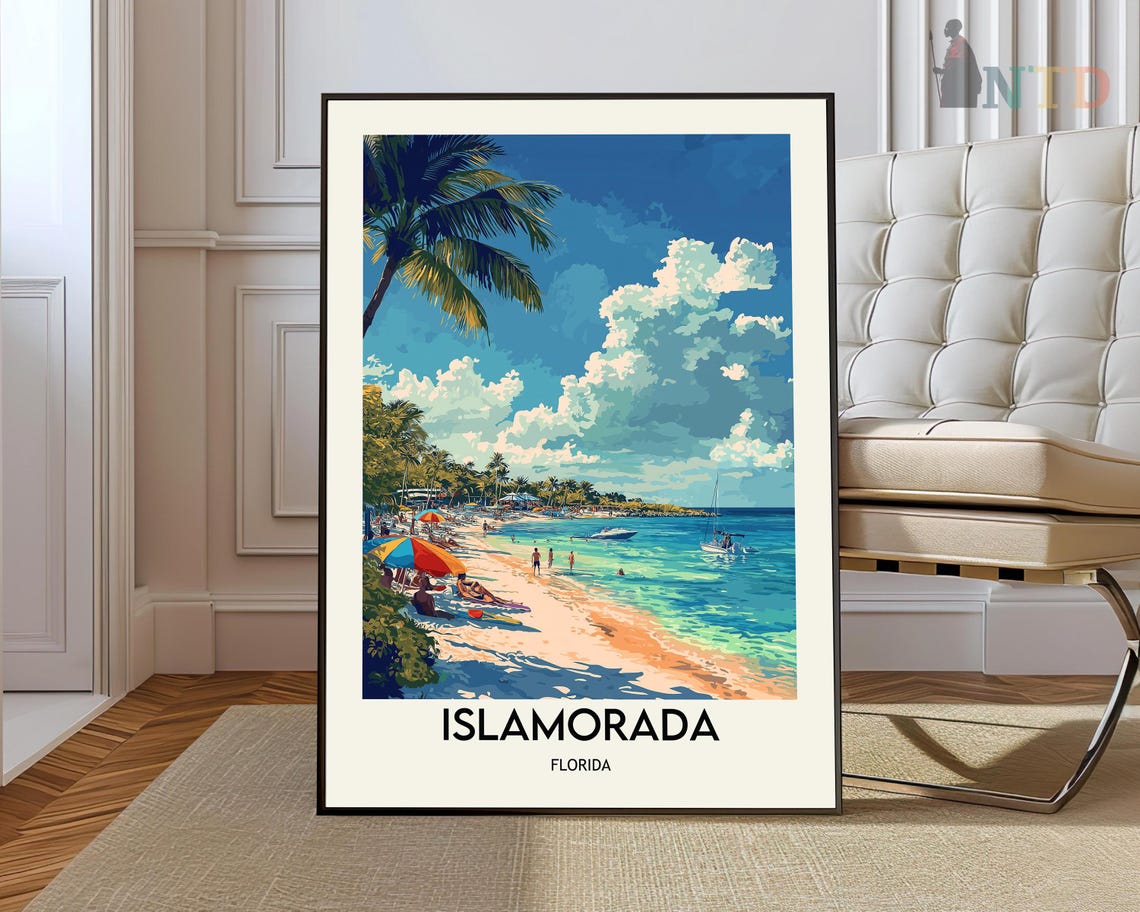 Islamorada Florida Beach Illustrated Travel Poster with Palm Trees