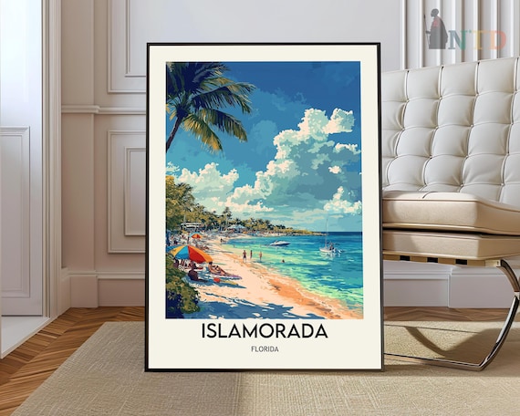 Islamorada Florida Beach Illustrated Travel Poster with Palm Trees