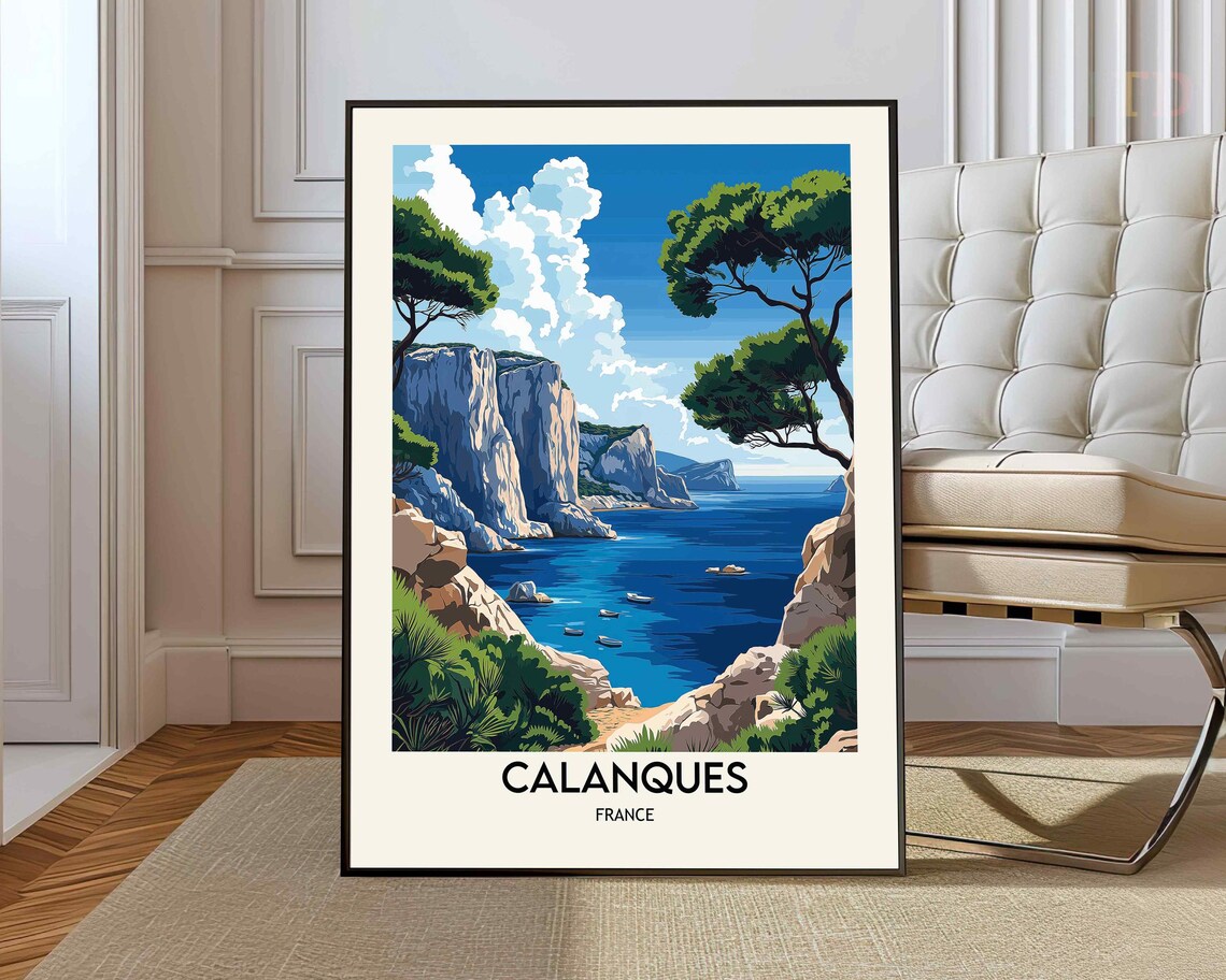 Calanques France Sea Cliffs Illustration Mediterranean Travel Poster