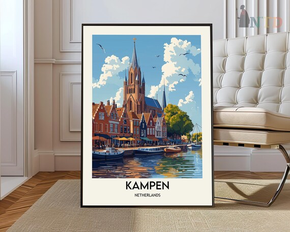 Kampen Netherlands Harbor Vintage Travel Church Skyline Poster