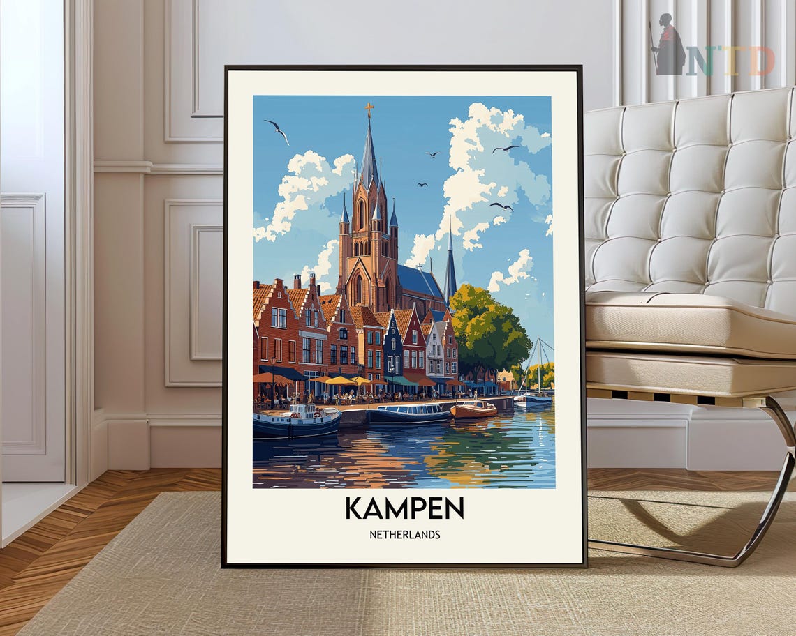 Kampen Netherlands Harbor Vintage Travel Church Skyline Poster