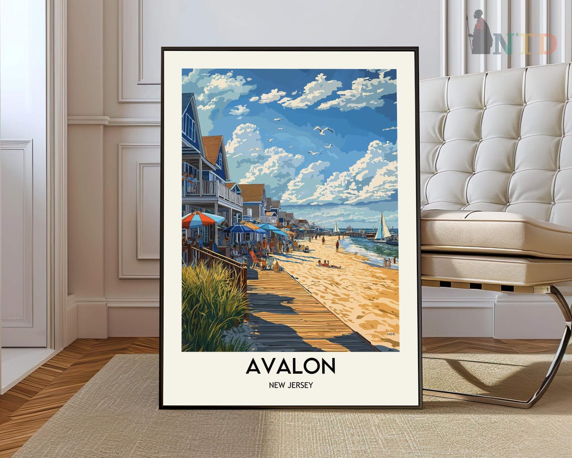 Avalon New Jersey Lively Boardwalk Beach Umbrellas Shore Poster