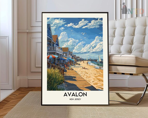 Avalon New Jersey Lively Boardwalk Beach Umbrellas Shore Poster