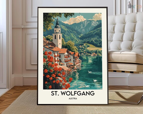 St Wolfgang Austria Lakeside Vintage Travel Poster With Church And Swans