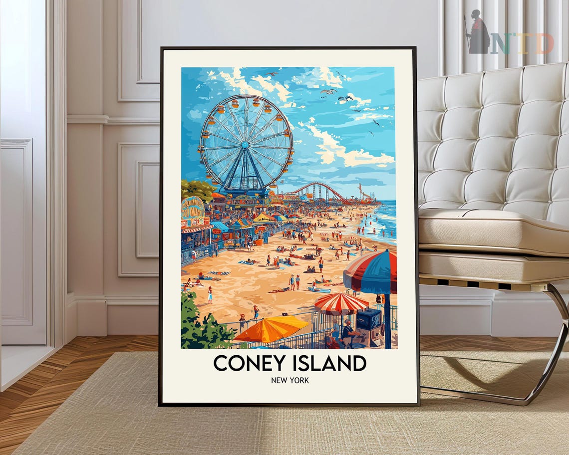 Coney Island New York Boardwalk Beach Ferris Wheel Summer Day Poster
