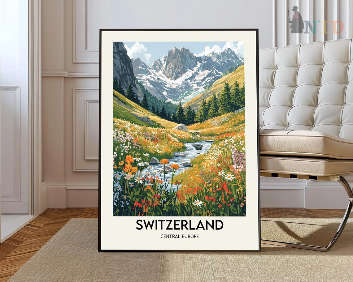 Switzerland Alpine Meadow Wildflower Snowcapped Peaks Travel Poster