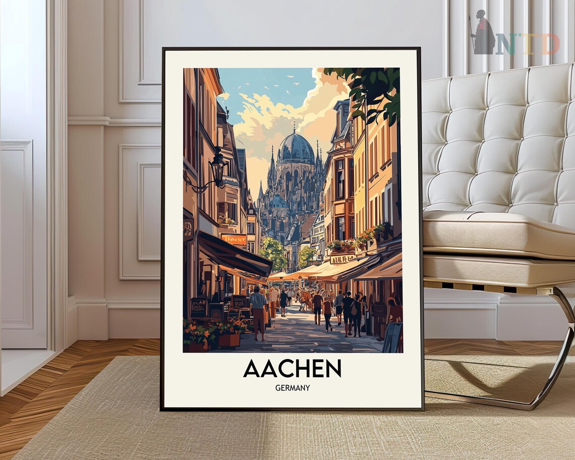 Aachen Germany Cathedral Old Town Street Vintage Travel Poster